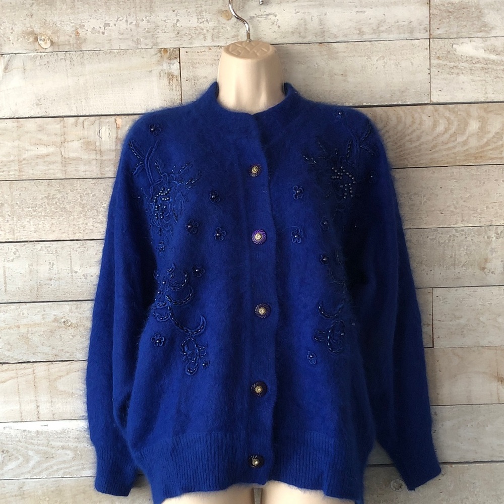 Luxurious cobalt blue angora cardigan With floral accents and blue pearl beads